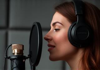 Locutor realizando sessão de voz em estúdio profissional